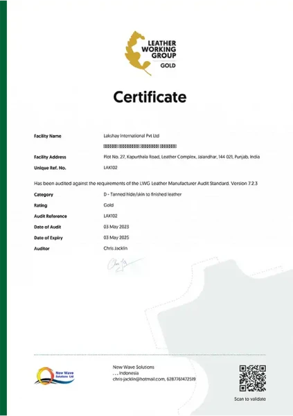 LWG Certificate Lakshay International GOLD